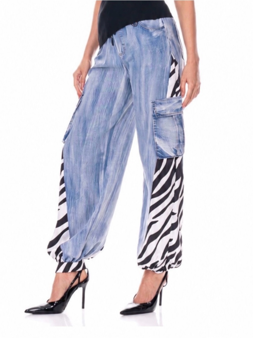 Denim Wash Zebra Contrast Cargo Jogger Pants